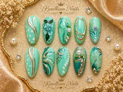 Light Emerald Green & Gold Press On Nails – Chrome Accent Glossy Nail Set | Size Small | Handmade One-of-a-Kind