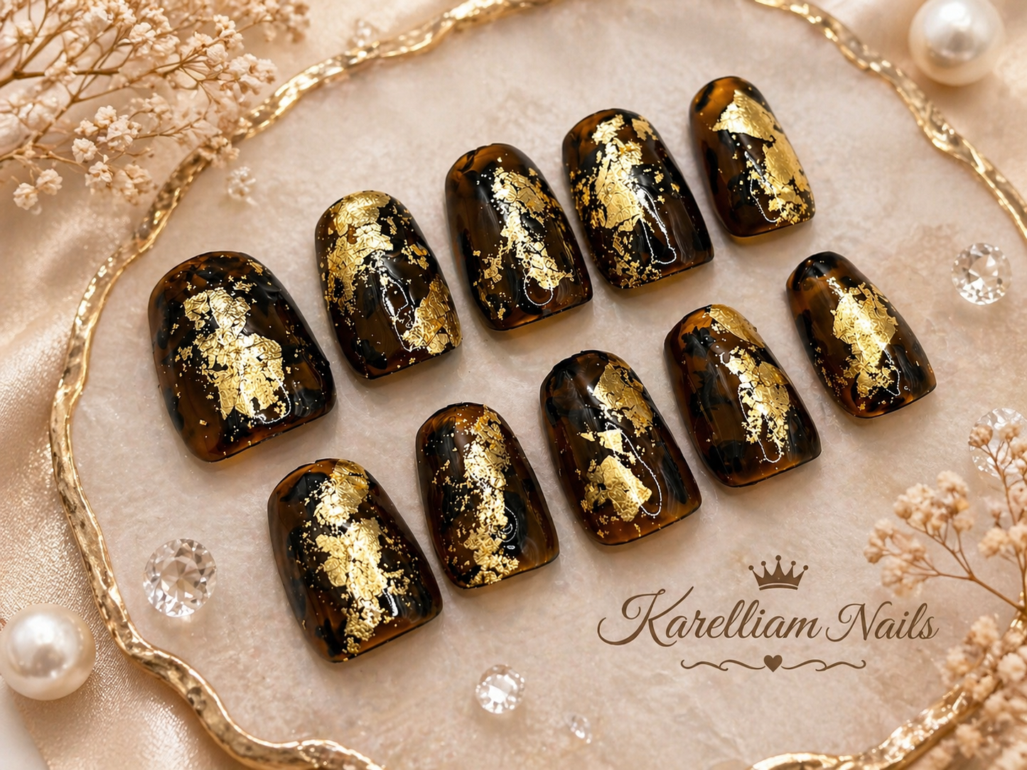 Tortoiseshell Gold Foil Press-On Nails – Size Large | Luxury Minimal Glam Set | Karelliam Nails