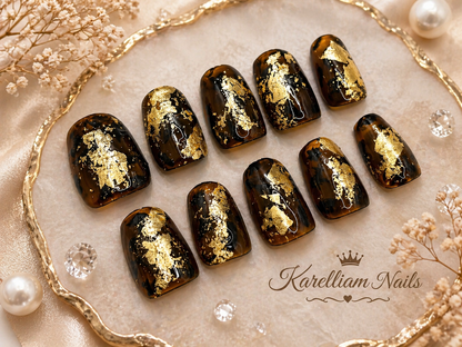 Tortoiseshell Gold Foil Press-On Nails – Size Large | Luxury Minimal Glam Set | Karelliam Nails