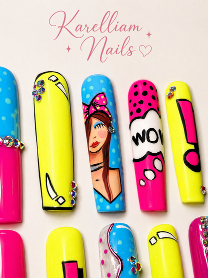 XL Pop Princess Press On Nails | Medium Hand Painted Pop Art Nails | Luxury Statement Press Ons