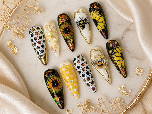 Sunflower Bee Luxe Press-On Nails | Gold Floral Statement Set | One-of-a-Kind Handmade Nails | Karelliam Nails