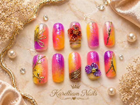 unset Ombre Floral Press-On Nails – Size Small | 3D Flower & Chrome Accent Set | Karelliam Nails