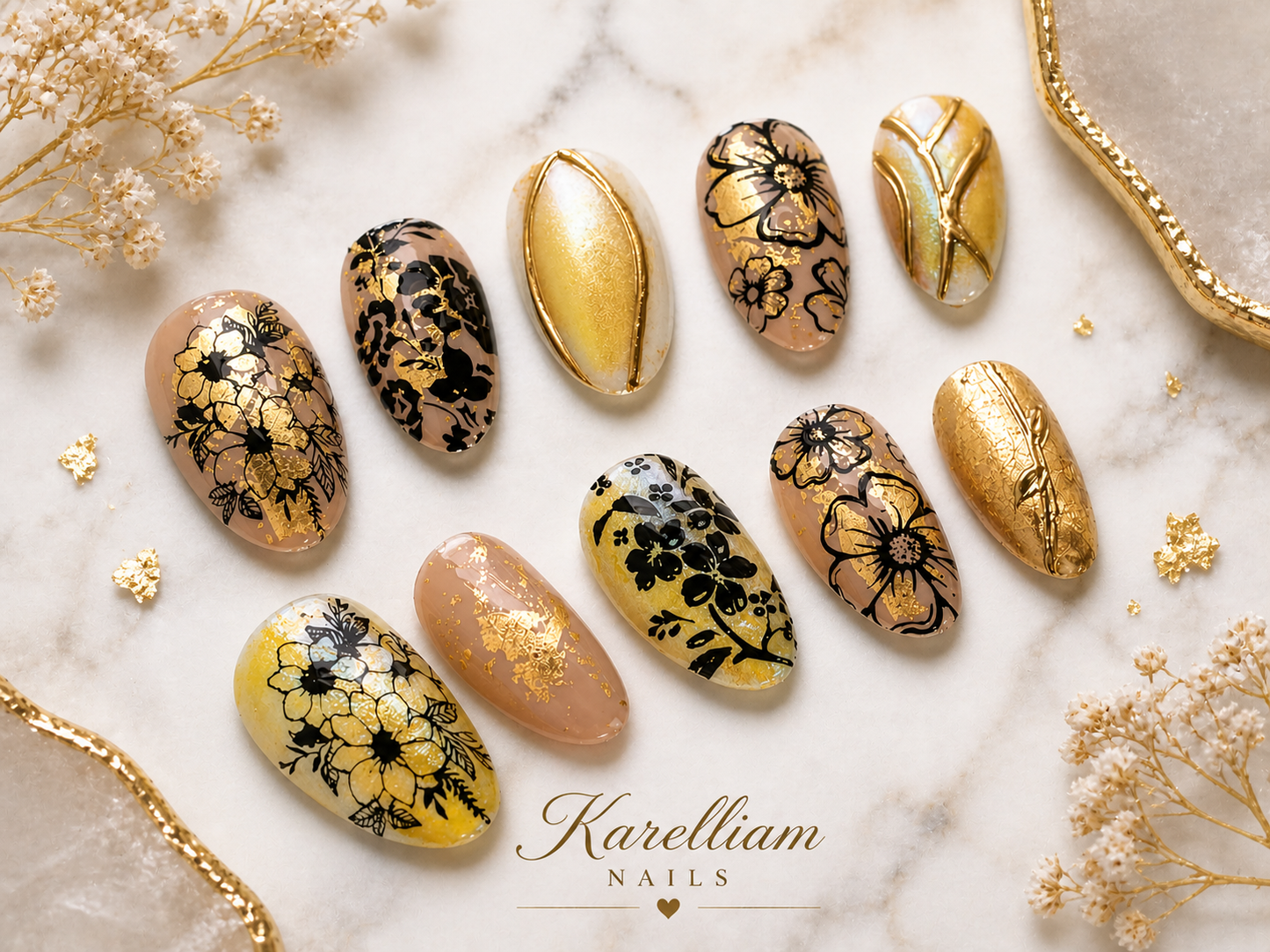 Gold Floral Luxe Press-On Nails | Size Small | Black & Gold Elegant Nail Set | One-of-a-Kind | Karelliam Nails