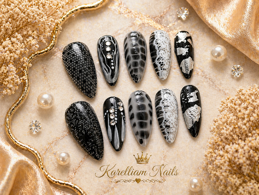 Black Lace Luxe Press-On Nails | Size Small | One-of-a-Kind Handmade Set | Karelliam Nails