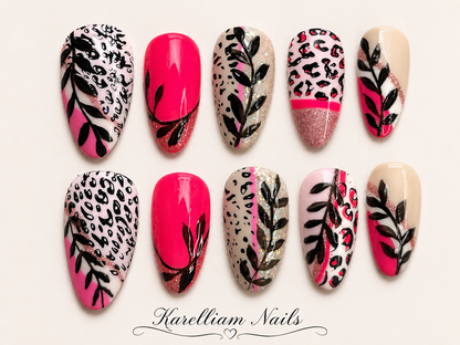Pink Safari Luxe Press On Nails | Medium Almond Leopard Glam Nails | Handmade Luxury Press On