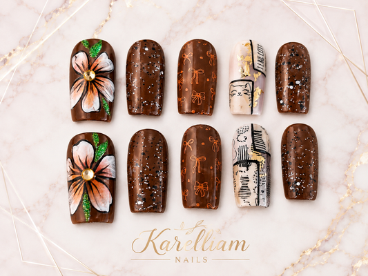 Mocha Bloom Luxury Press-On Nails – Size Small | Handmade Floral Glam Nail Set
