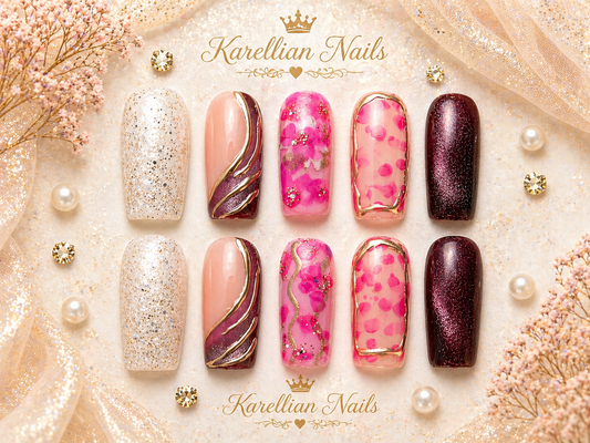 Luxury Pink & Gold Press On Nails – Floral Glitter Glossy Nails | Size Small | Handmade One of a Kind Nail Se