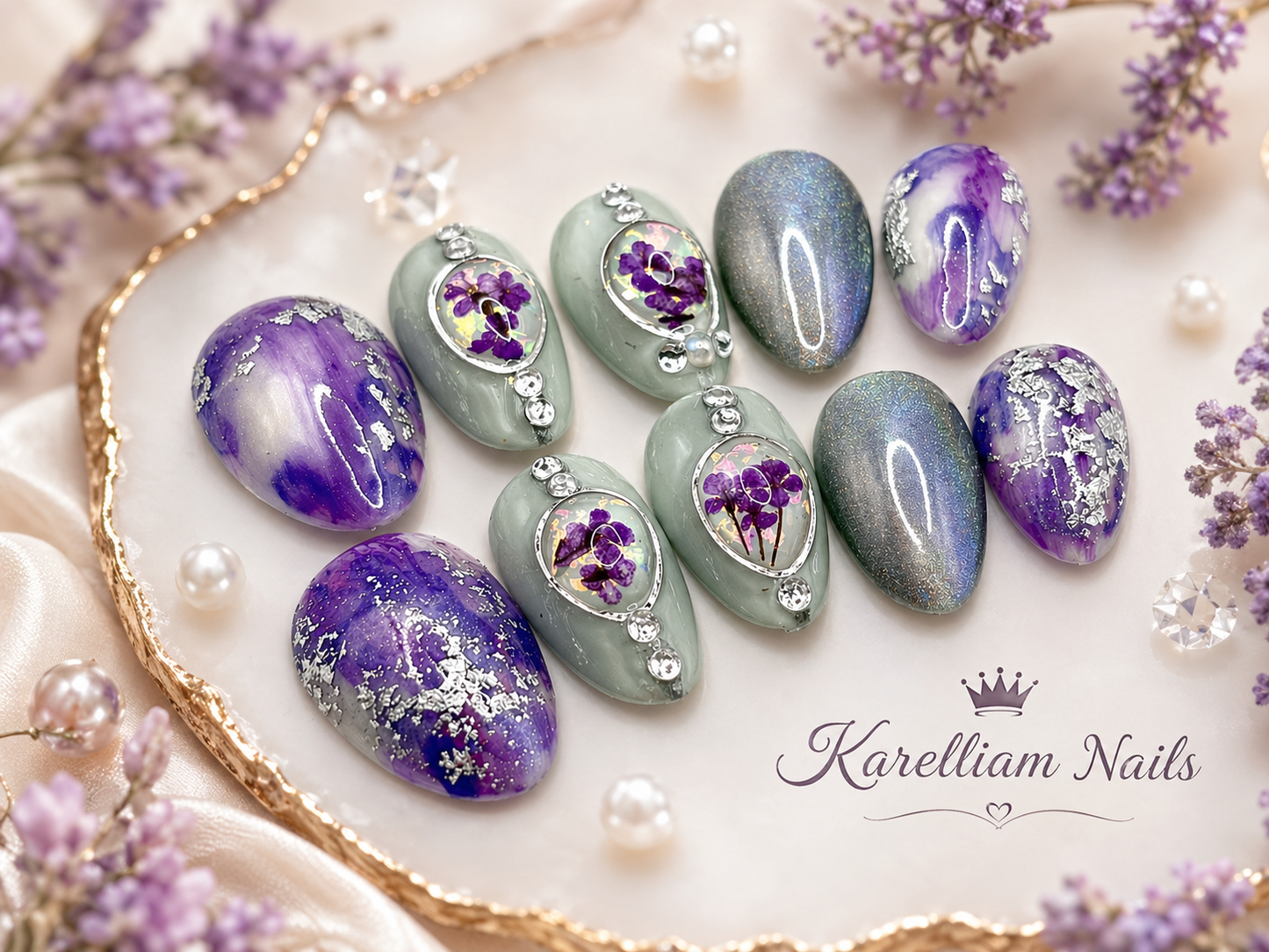 Lavender Luxe Crystal Press-On Nails | Handmade Purple Marble & Floral Set | Karelliam Nails