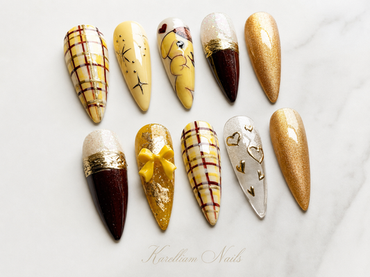 Golden Plaid Glam Press-On Nail Set | Size Medium | Handmade Luxury Press-On