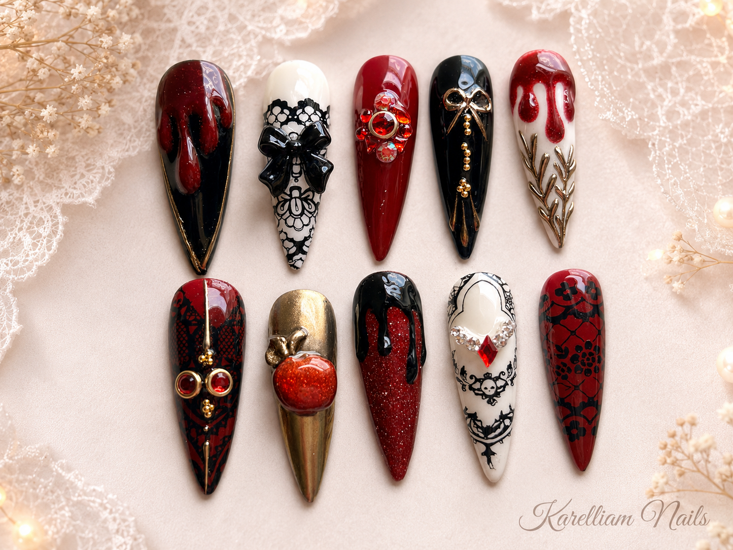 Crimson Lace Gothic Glam Press-On Nails | Size Small