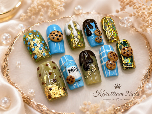 Sweet Treat Drip Press-On Nails | 3D Cookie & Milk Design | Medium Size | One of a Kind – Karelliam Nails