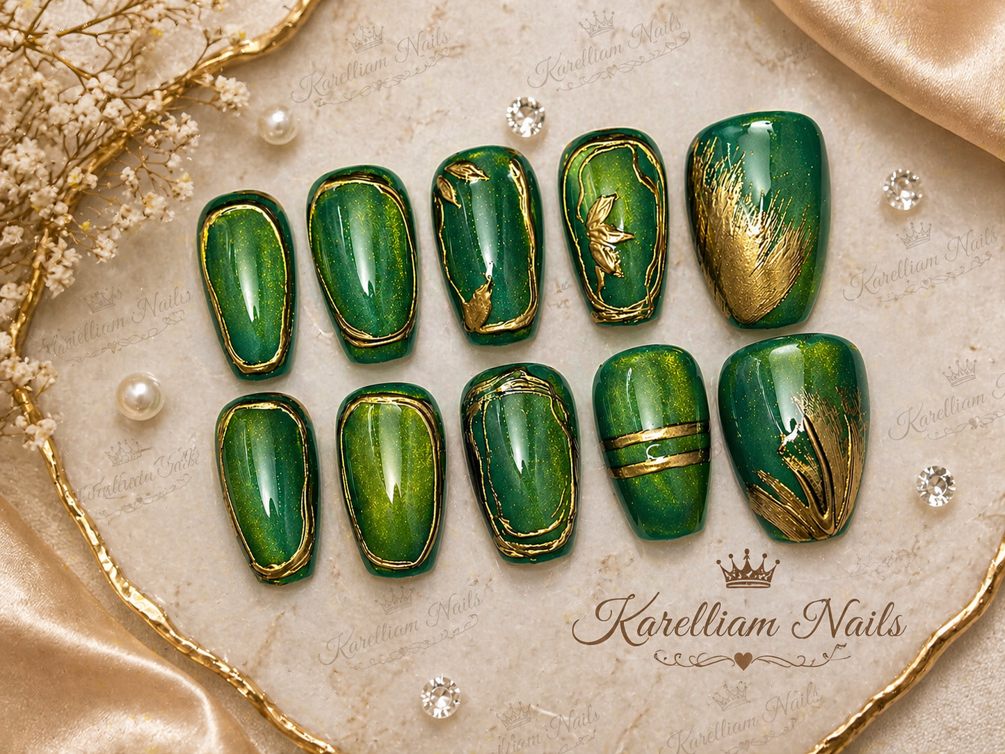 Luxury Emerald Green & Gold Press On Nails – Chrome Accent Glossy Nail Set | Size Large | Handmade One-of-a-Kind