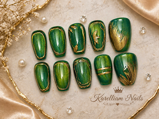 Luxury Emerald Green & Gold Press On Nails – Chrome Accent Glossy Nail Set | Size Large | Handmade One-of-a-Kind