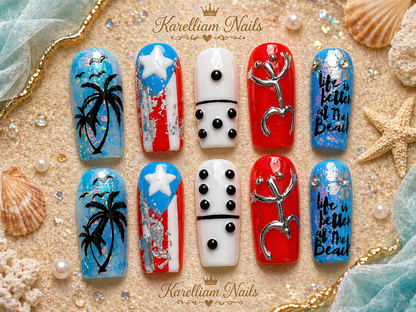 Puerto Rico Press-On Nails – Tropical Palm Tree & Starfish Nail Set | Size Small | Handmade One-of-a-Kind