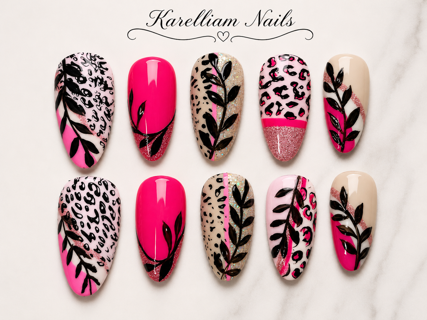 Pink Safari Luxe Press On Nails | Medium Almond Leopard Glam Nails | Handmade Luxury Press On
