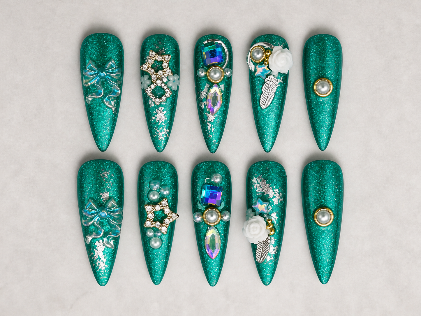 Emerald Luxe Rhinestone Press-On Nails – Size Medium | 3D Gem & Pearl Glam Set | Karelliam Nail