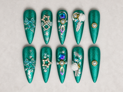 Emerald Luxe Rhinestone Press-On Nails – Size Medium | 3D Gem & Pearl Glam Set | Karelliam Nail