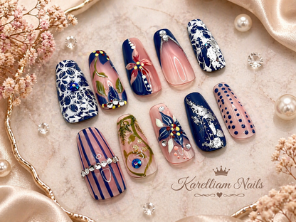 Artistic Blue & Pink Press-On Nails – Floral Abstract Rhinestone Nail Set | Size Medium | One-of-a-Kind Handmade