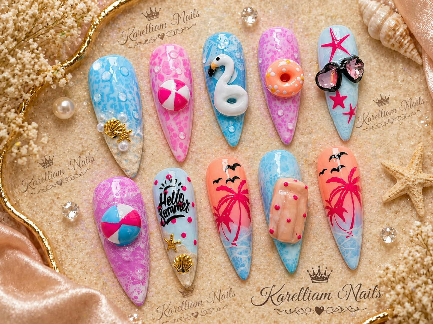 Summer Beach Luxe Press-On Nails | Size Large | 3D Vacation Statement Set | One-of-a-Kind |