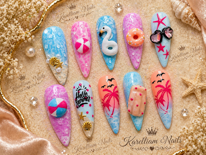 Summer Beach Luxe Press-On Nails | Size Large | 3D Vacation Statement Set | One-of-a-Kind |