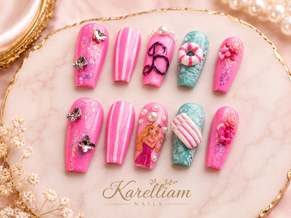 Pink Paradise Pool Party Press-On Nails – Size Medium | Handmade Luxury 3D Glam Set