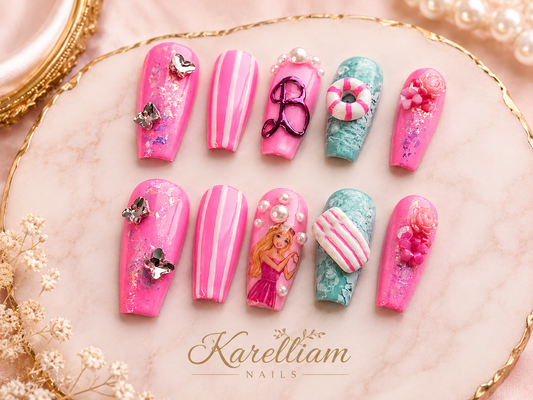 Pink Paradise Pool Party Press-On Nails – Size Medium | Handmade Luxury 3D Glam Set