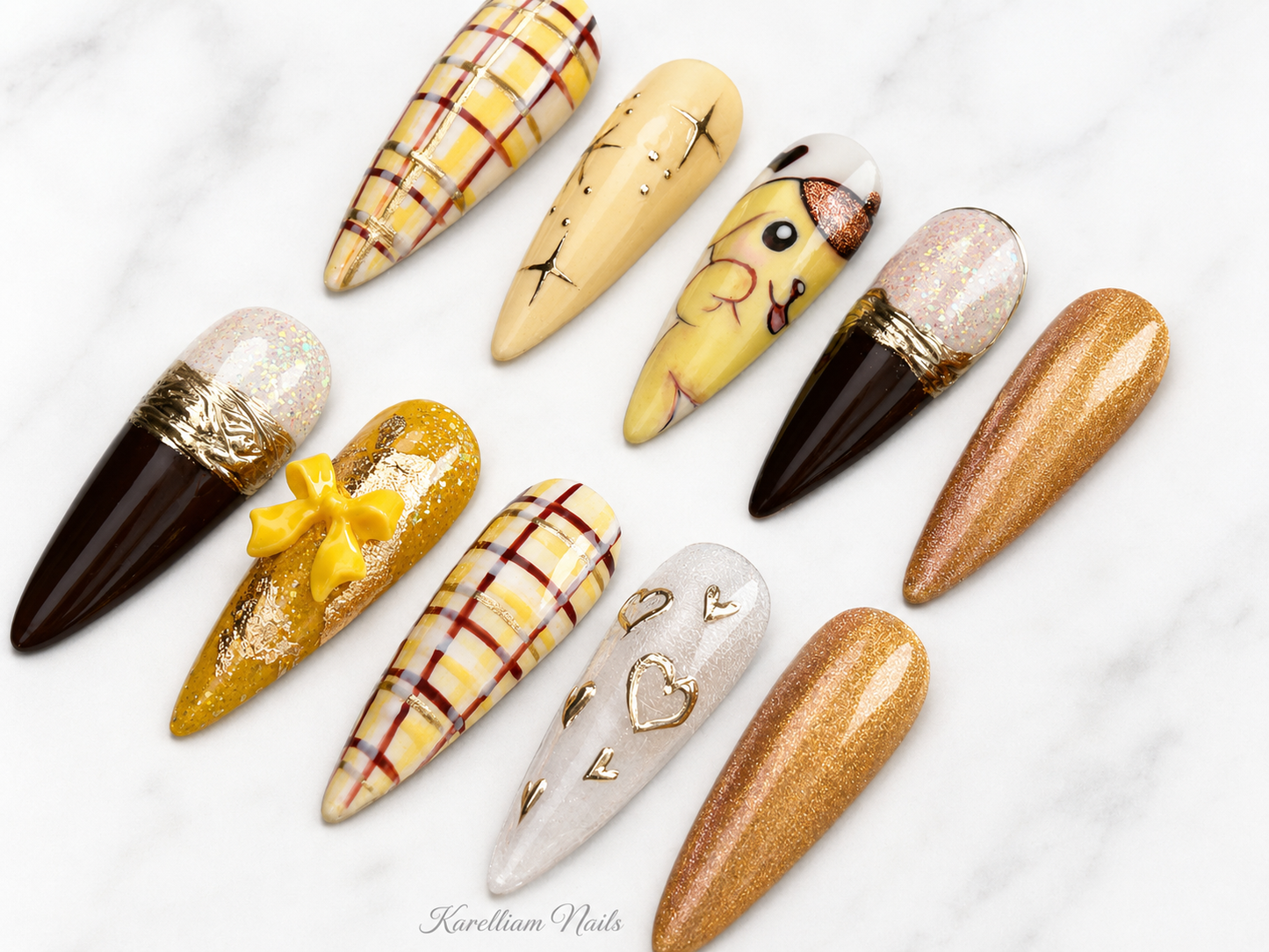 Golden Plaid Glam Press-On Nail Set | Size Medium | Handmade Luxury Press-On