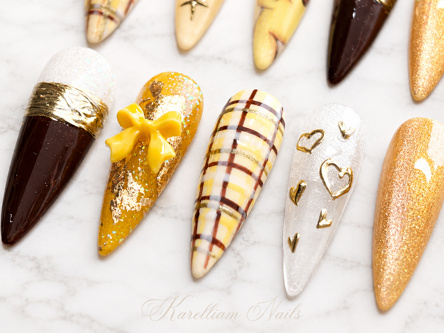 Golden Plaid Glam Press-On Nail Set | Size Medium | Handmade Luxury Press-On