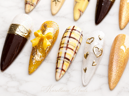 Golden Plaid Glam Press-On Nail Set | Size Medium | Handmade Luxury Press-On
