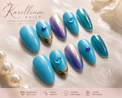 Luxe Blue Press-On Nails – Size Small | Handmade Luxury Glam Nail Set