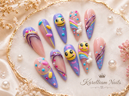 Cute 3D Cartoon Press-On Nails – Colorful Smiley & Candy Design | Size Medium | One-of-a-Kind Handmade Set