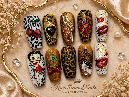 Glam Pop Art Luxe Press-On Nails – Size Medium | 3D Cherry, Leopard & Designer Inspired Set | Karelliam Nails