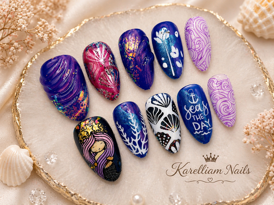 Ocean Fantasy Mermaid Press-On Nails – Size Medium | Hand-Painted Sea Life Art | Karelliam Nails