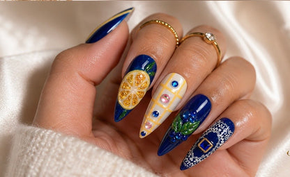 Blue Citrus Luxe Press-On Nails | Size Large | One-of-a-Kind Handmade Set | Karelliam Nails