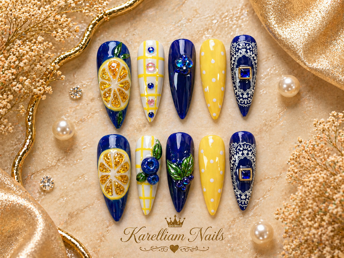 Blue Citrus Luxe Press-On Nails | Size Large | One-of-a-Kind Handmade Set | Karelliam Nails