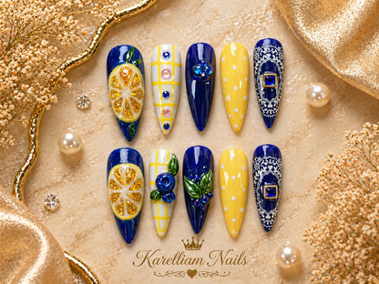 Blue Citrus Luxe Press-On Nails | Size Large | One-of-a-Kind Handmade Set | Karelliam Nails