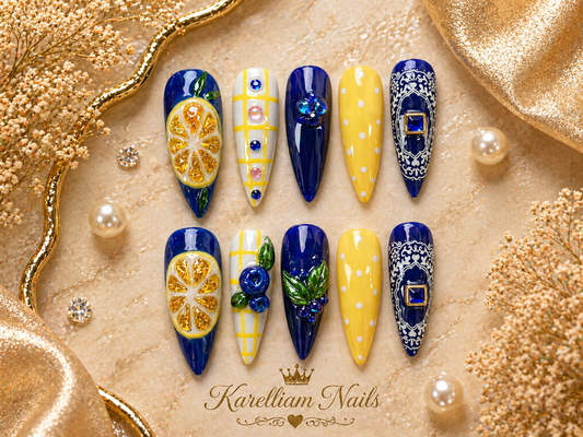 Blue Citrus Luxe Press-On Nails | Size Large | One-of-a-Kind Handmade Set | Karelliam Nails
