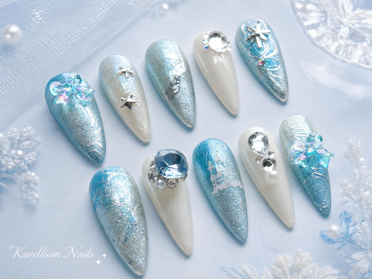 Frosted Blue Fairytale Castle Press-On Nails | Size Small