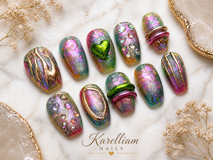 Abstract Luxe 3D Press-On Nails | Mixed Media Art Set | Rhinestone & Chrome Design | One-of-a-Kind | Karelliam Nails