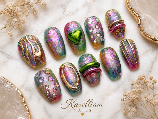 Abstract Luxe 3D Press-On Nails | Mixed Media Art Set | Rhinestone & Chrome Design | One-of-a-Kind | Karelliam Nails