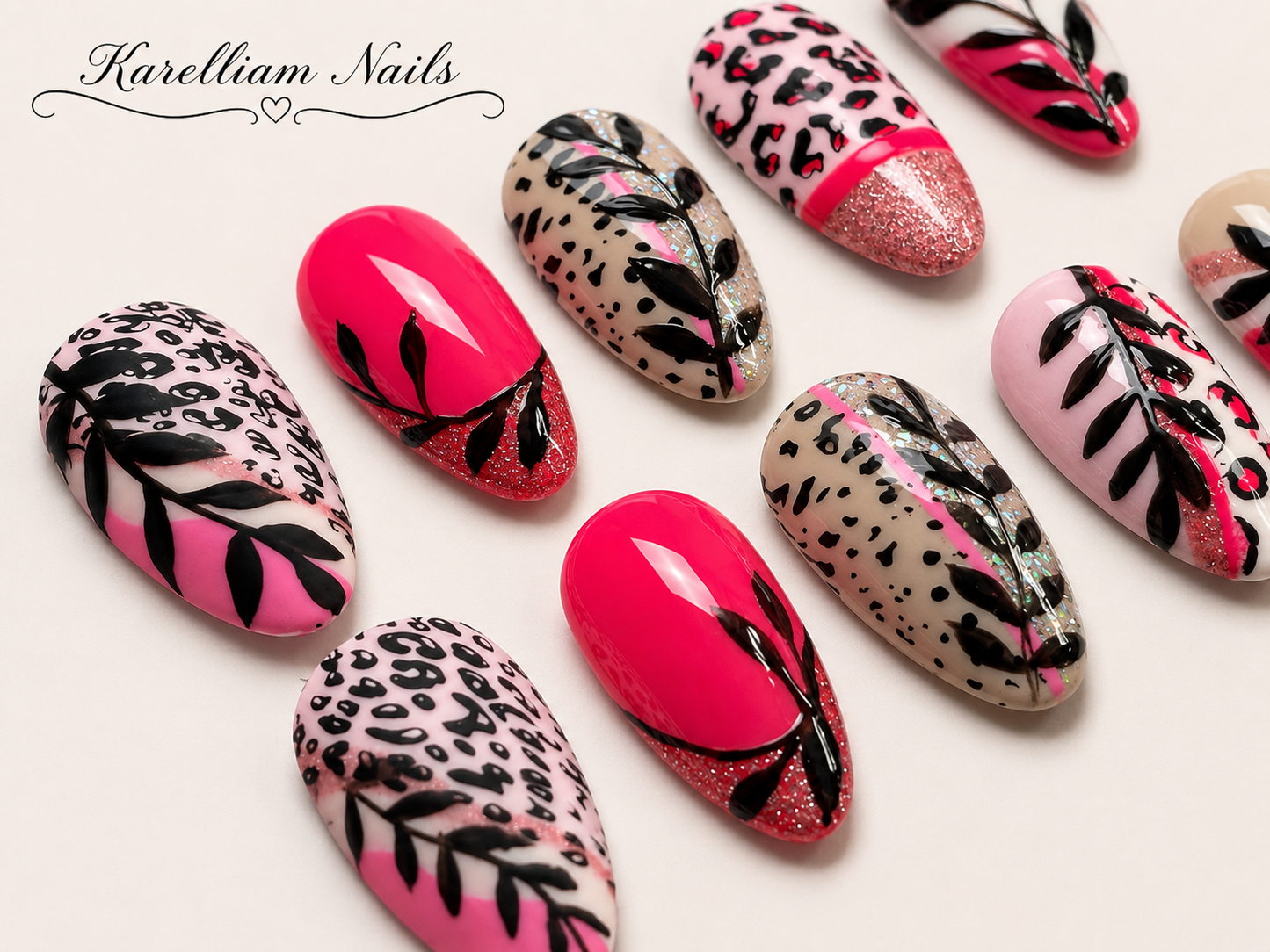 Pink Safari Luxe Press On Nails | Medium Almond Leopard Glam Nails | Handmade Luxury Press On