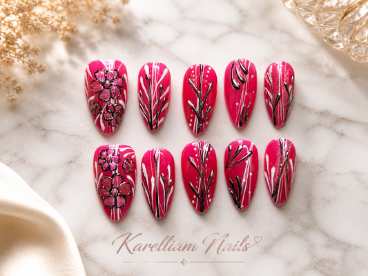 red Floral Press-On Nails – Size Large | Hand-Painted Blossom Art Set | Karelliam Nail