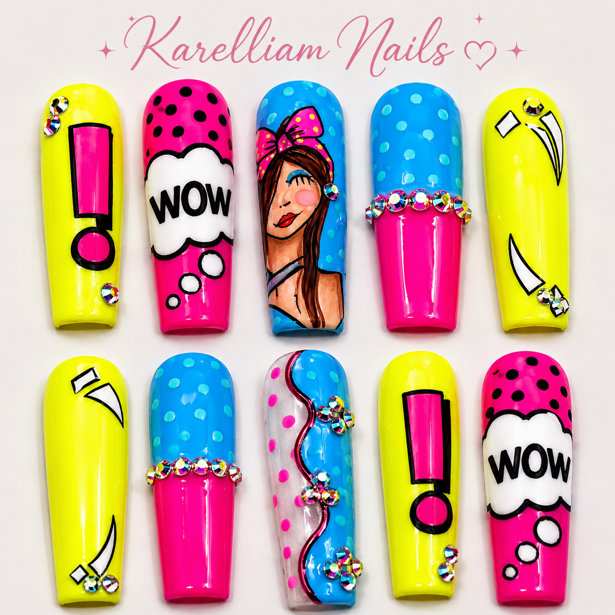 XL Pop Princess Press On Nails | Medium Hand Painted Pop Art Nails | Luxury Statement Press Ons