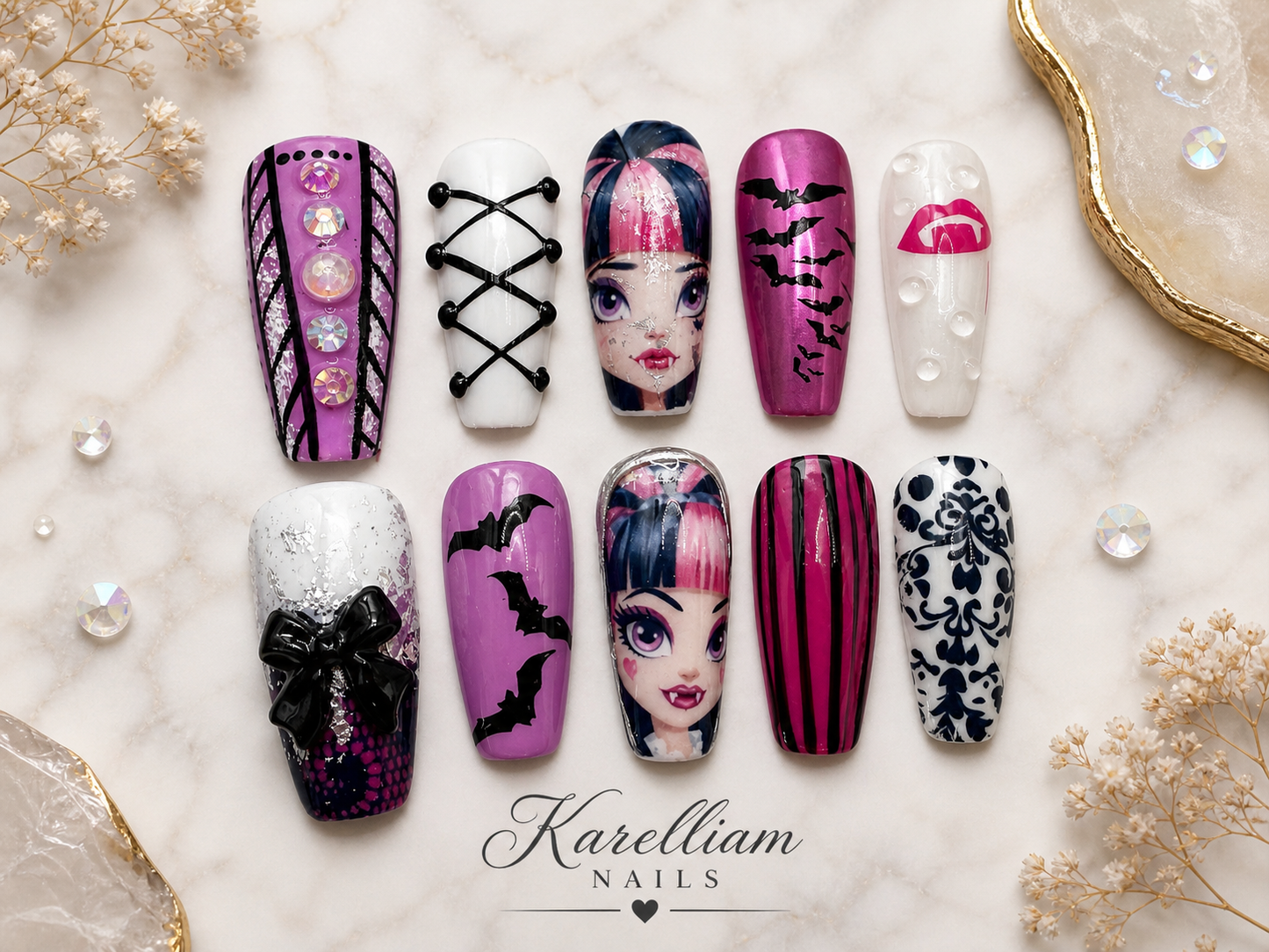 Pink Gothic Luxe Press-On Nails | Size Large | Hand-Painted Character Set | 3D Statement Nails | One-of-a-Kind | Karelliam Nails