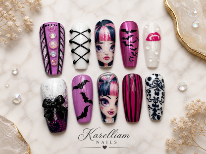 Pink Gothic Luxe Press-On Nails | Size Large | Hand-Painted Character Set | 3D Statement Nails | One-of-a-Kind | Karelliam Nails