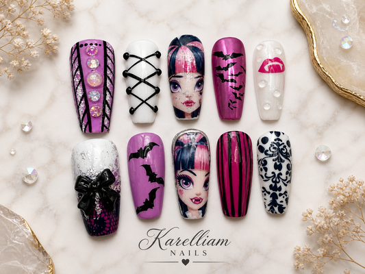 Pink Gothic Luxe Press-On Nails | Size Large | Hand-Painted Character Set | 3D Statement Nails | One-of-a-Kind | Karelliam Nails