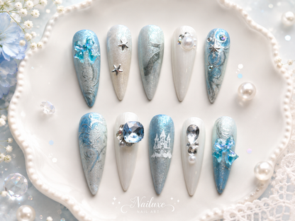 Frosted Blue Fairytale Castle Press-On Nails | Size Small