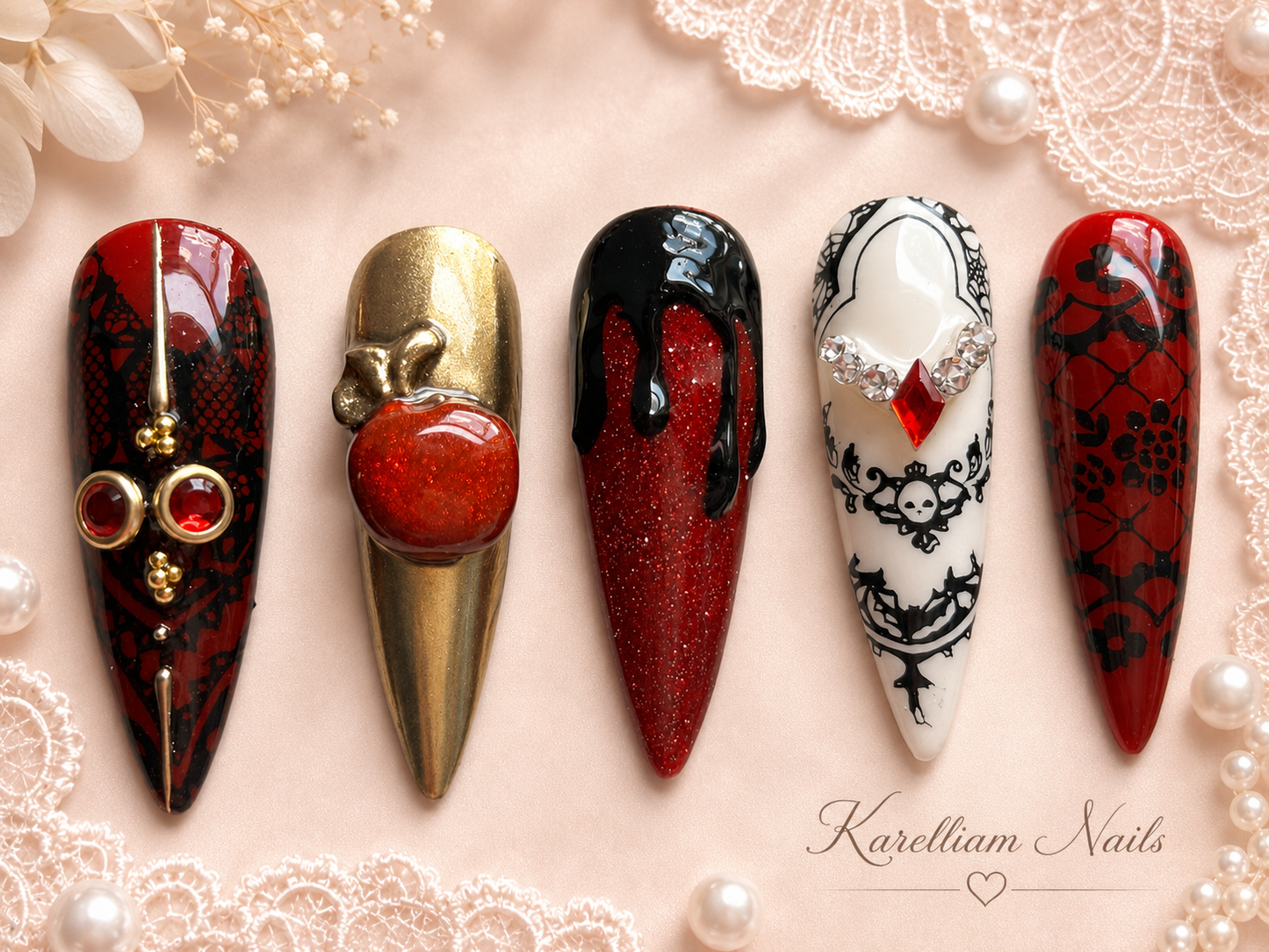 Crimson Lace Gothic Glam Press-On Nails | Size Small