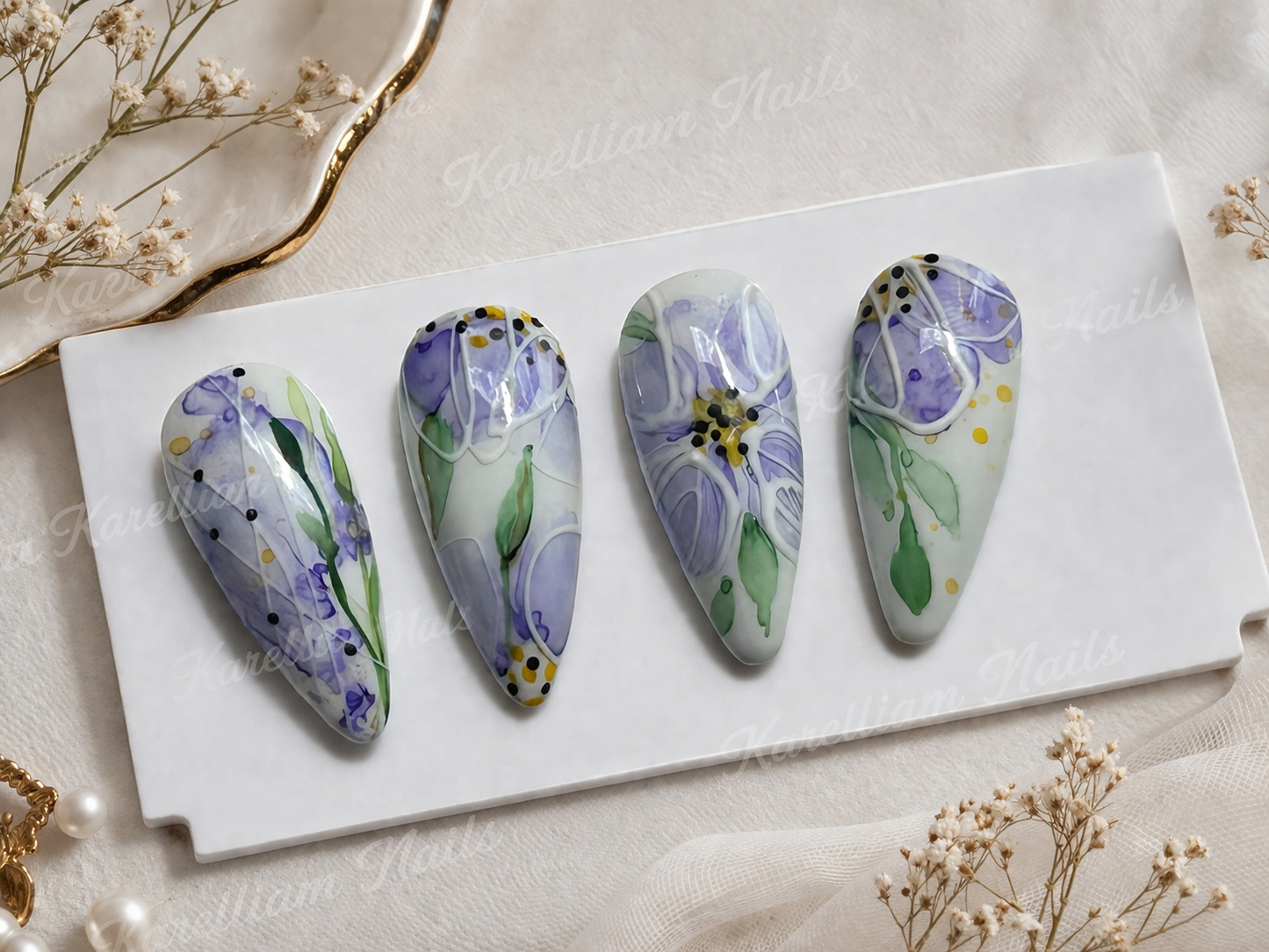 Watercolor Floral Press-On Nails – Hand Painted Purple Flower Nails | Custom Sizes Available | Luxury Glossy Nail Se