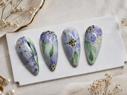 Watercolor Floral Press-On Nails – Hand Painted Purple Flower Nails | Custom Sizes Available | Luxury Glossy Nail Se